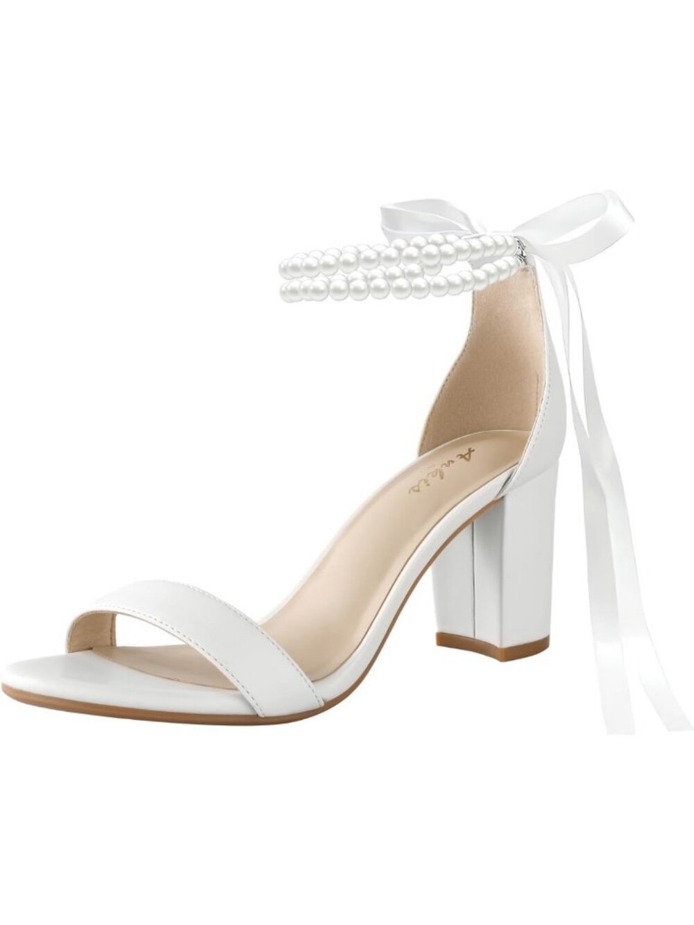 Elegant White Chunky Heels for Bride, Pearl Bow Wedding Sandals, 2.75 Inch